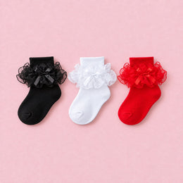 Women's Big Ruffle Bow Dress Socks, 3-pair bundle: White, Black, Red