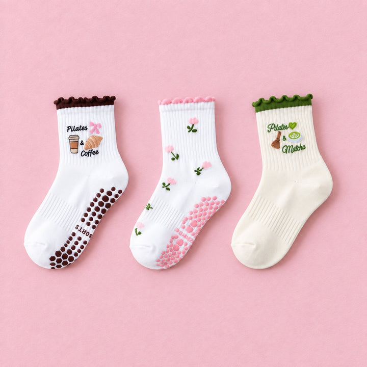 Women's Cute Ruffle Pilates Grip Socks, 3-pair bundle: Multicolor 2#, Multicolor 3#, Multicolor