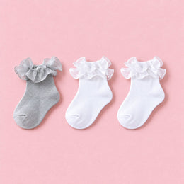 Women's Sparkle Ruffle Ankle Socks, 3-pair bundle: White x2, Silver