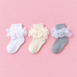 Girls Double-Ruffle Fold-Over Dress Socks, 3-pair bundle: White, Beige, Grey