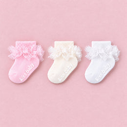 Baby Girl Ruffle Grip Socks, Turn Cuff, 3-pair bundle: White, Beige, Pink