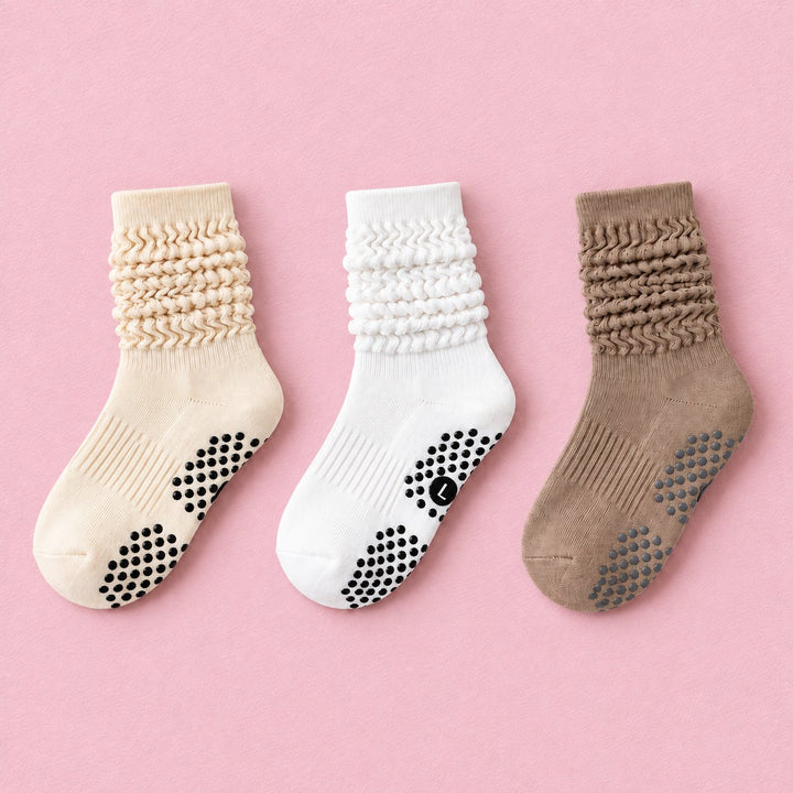 Women's Scrunch Pilates Grip Socks, 3-pair bundle: Beige 2#, Khaki 2#, White 2#