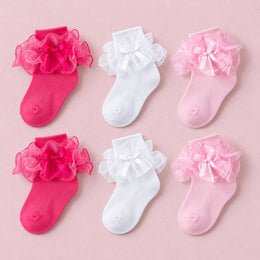 Women's Big Ruffle Bow Dress Socks, 6-pair bundle: White x2, Pink x2, Hot Pink x2