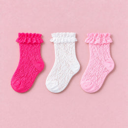 Women's Lace Ruffle Mesh-Trim Socks, 3-pair bundle: Pink 2#, Hot Pink 2#, White 2#