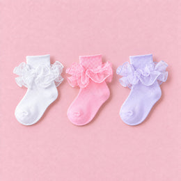 Women's Double-Ruffle Fold-Cuff Dress Socks, 3-pair bundle: White, Pink, Purple