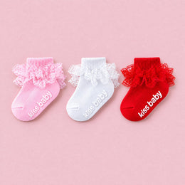 Baby Girl Ruffle Grip Socks, Turn Cuff, 3-pair bundle: White, Pink, Red