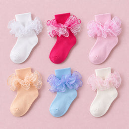 Women's Fluffy 4-Layer Ruffle Socks, 6-pair bundle: White, Pink, Sky Blue, Hot Pink, Off White, Light Orange