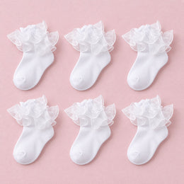 Girls Fluffy Double-Lace Ruffle Socks, 6-pair bundle: White x6
