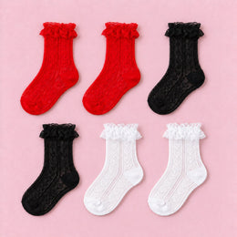 Women's Lace Ruffle Mesh-Trim Socks, 6-pair bundle: Black x2, White x2, Red x2