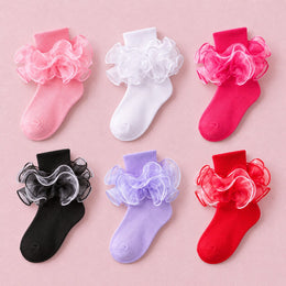 Girls Fancy 4-Layer Ruffle Pageant Socks, 6-pair bundle: White, Black, Red, Pink, Hot Pink, Purple