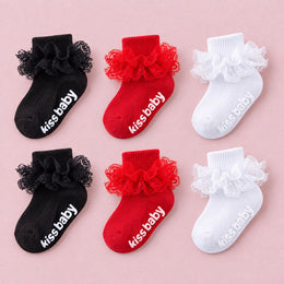Baby Girl Ruffle Grip Socks, Turn Cuff, 6-pair bundle: White x2, Black x2, Red x2