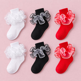 Girls Fancy 4-Layer Ruffle Pageant Socks, 6-pair bundle: Black x2, Red x2, White x2