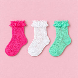 Women's Lace Ruffle Mesh-Trim Socks, 3-pair bundle: Green 2#, Hot Pink 2#, White 2#
