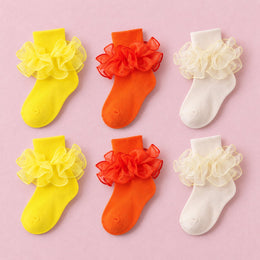 Women's Double-Ruffle Fold-Cuff Dress Socks, 6-pair bundle: Cream x2, Orange x2, Yellow x2