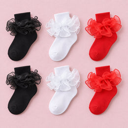 Girls Double-Ruffle Fold-Over Dress Socks, 6-pair bundle: White x2, Black x2, Red x2
