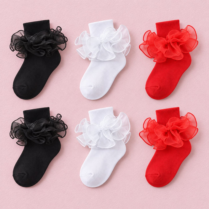 Girls Double-Ruffle Fold-Over Dress Socks, 6-pair bundle: White x2, Black x2, Red x2