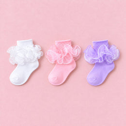 Girls Fancy 4-Layer Ruffle Pageant Socks, 3-pair bundle: White, Pink, Purple