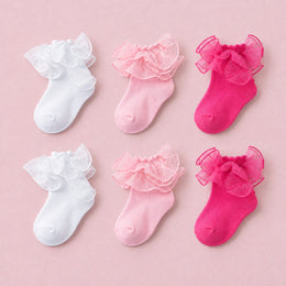 Girls Fluffy Double-Lace Ruffle Socks, 6-pair bundle: White x2, Pink x2, Hot Pink x2