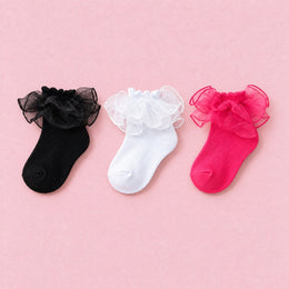 Girls Fluffy Double-Lace Ruffle Socks, 3-pair bundle: White, Black, Hot Pink