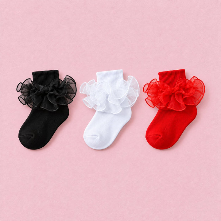 Girls Double-Ruffle Fold-Over Dress Socks, 3-pair bundle: White, Black, Red