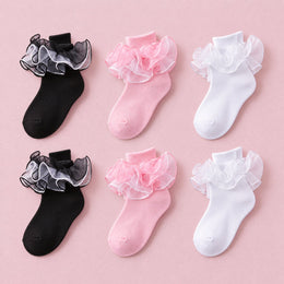 Women's Fluffy Lace Ruffle Dress Socks, 6-pair bundle: White x2, Pink x2, Black x2
