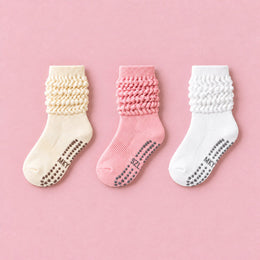Women's Scrunch Pilates Grip Socks, 3-pair bundle: Pink, Beige, White