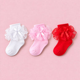 Women's Big Ruffle Bow Dress Socks, 3-pair bundle: Pink, Red, White