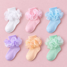 Girls Fancy 4-Layer Ruffle Pageant Socks, 6-pair bundle: White, Pink, Purple, Light Blue, Light Orange, Light Green