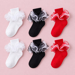 Women's Fluffy 4-Layer Ruffle Socks, 6-pair bundle: Black x2, Red x2, White x2