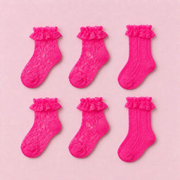 Women's Lace Ruffle Mesh-Trim Socks, 6-pair bundle: Hot Pink x2, Hot Pink 2# x2, Hot Pink 3# x2