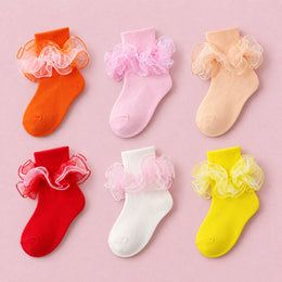 Women's Fluffy 4-Layer Ruffle Socks, 6-pair bundle: Off White, Light Orange, Orange, Yellow, Red, Pink