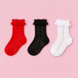Women's Lace Ruffle Mesh-Trim Socks, 3-pair bundle: Black, White, Red