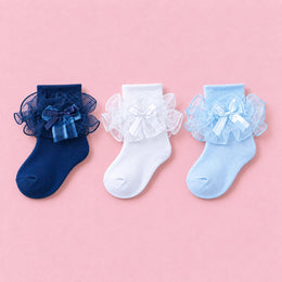 Women's Big Ruffle Bow Dress Socks, 3-pair bundle: Blue, Navy Blue, White