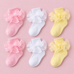 Girls Double-Ruffle Fold-Over Dress Socks, 6-pair bundle: White x2, Pink x2, Light Yellow x2