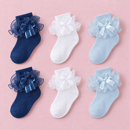 Women's Big Ruffle Bow Dress Socks, 6-pair bundle: Blue x2, Navy Blue x2, White x2
