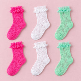 Women's Lace Ruffle Mesh-Trim Socks, 6-pair bundle: Green 2# x2, Hot Pink 2# x2, White 2# x2