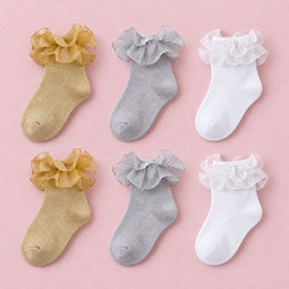 Women's Sparkle Ruffle Ankle Socks, 6-pair bundle: Gold x2, White x2, Silver x2
