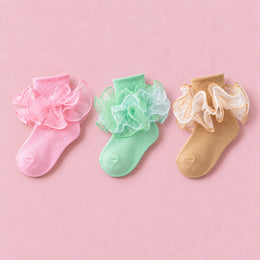 Girls Fancy 4-Layer Ruffle Pageant Socks, 3-pair bundle: Khaki, Pink, Light Green