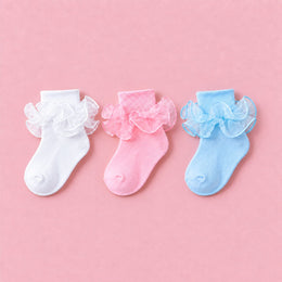 Women's Double-Ruffle Fold-Cuff Dress Socks, 3-pair bundle: White, Pink, Light Blue