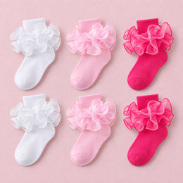 Girls Fancy 4-Layer Ruffle Pageant Socks, 6-pair bundle: White x2, Pink x2, Hot Pink x2