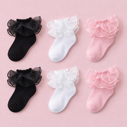 Girls Fluffy Double-Lace Ruffle Socks, 6-pair bundle: White x2, Black x2, Pink x2