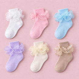 Women's Double-Ruffle Fold-Cuff Dress Socks, 6-pair bundle: White, Cream, Pink, Light Blue, Purple, Apricot