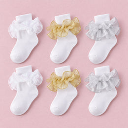 Women's Fluffy Ruffle Turn-Cuff Socks, 6-pair bundle: White x2, Gold x2, Silver x2