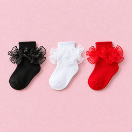 Women's Double-Ruffle Fold-Cuff Dress Socks, 3-pair bundle: White, Black, Red