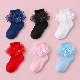 Women's Big Ruffle Bow Dress Socks, 6-pair bundle: White, Black, Red, Blue, Navy Blue, Pink