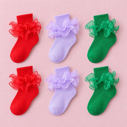 Women's Double-Ruffle Fold-Cuff Dress Socks, 6-pair bundle: Purple x2, Emerald x2, Red x2