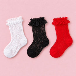 Women's Lace Ruffle Mesh-Trim Socks, 3-pair bundle: Black 2#, White 2#, Red 2#