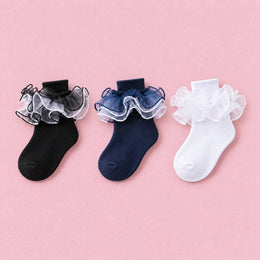 Women's Fluffy Lace Ruffle Dress Socks, 3-pair bundle: White, Black, Navy Blue