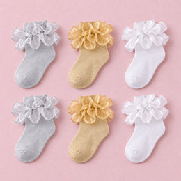 Girls Glitter Ruffle Dress Socks, 6-pair bundle: Gold x2, Silver x2, White x2