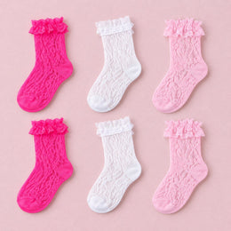 Women's Lace Ruffle Mesh-Trim Socks, 6-pair bundle: Pink 2# x2, Hot Pink 2# x2, White 2# x2